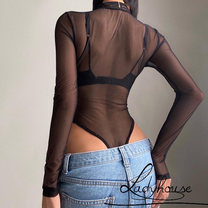 LD-Ladies Lapel Jumpsuit, Autumn Women Solid Color Mesh Perspective Long Sleeve Half Zipper Casual Bodysuit