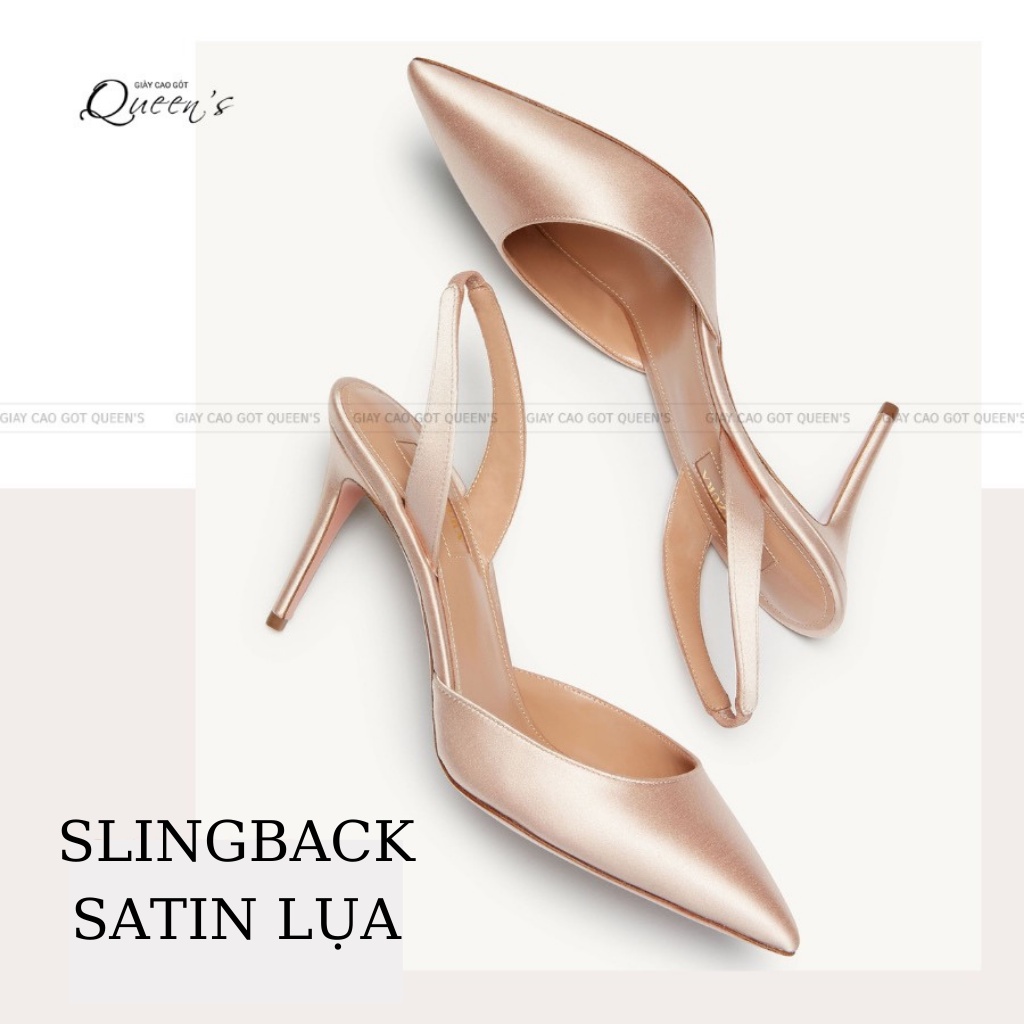 Giày Cao Gót Nữ Đẹp Slingback Da Lụa Satin Màu Nude Hồng Đất Màu Da Cao Gót Quai Sau Mũi Nhọn Dự Tiệc Giày Cưới 7-9 Phân