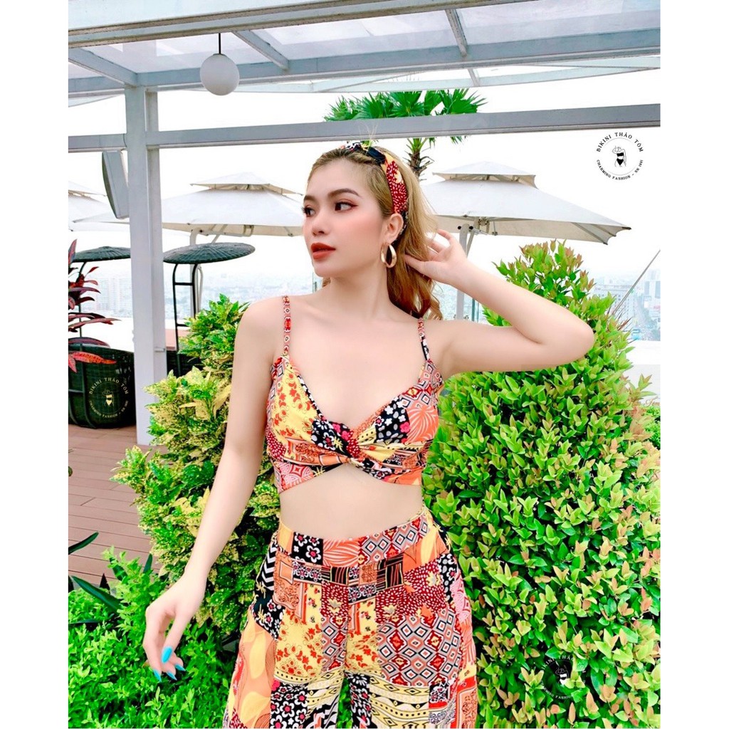 Set bộ đồ đi biển bikini quần ống rộng áo bra sang chảnh che nắng