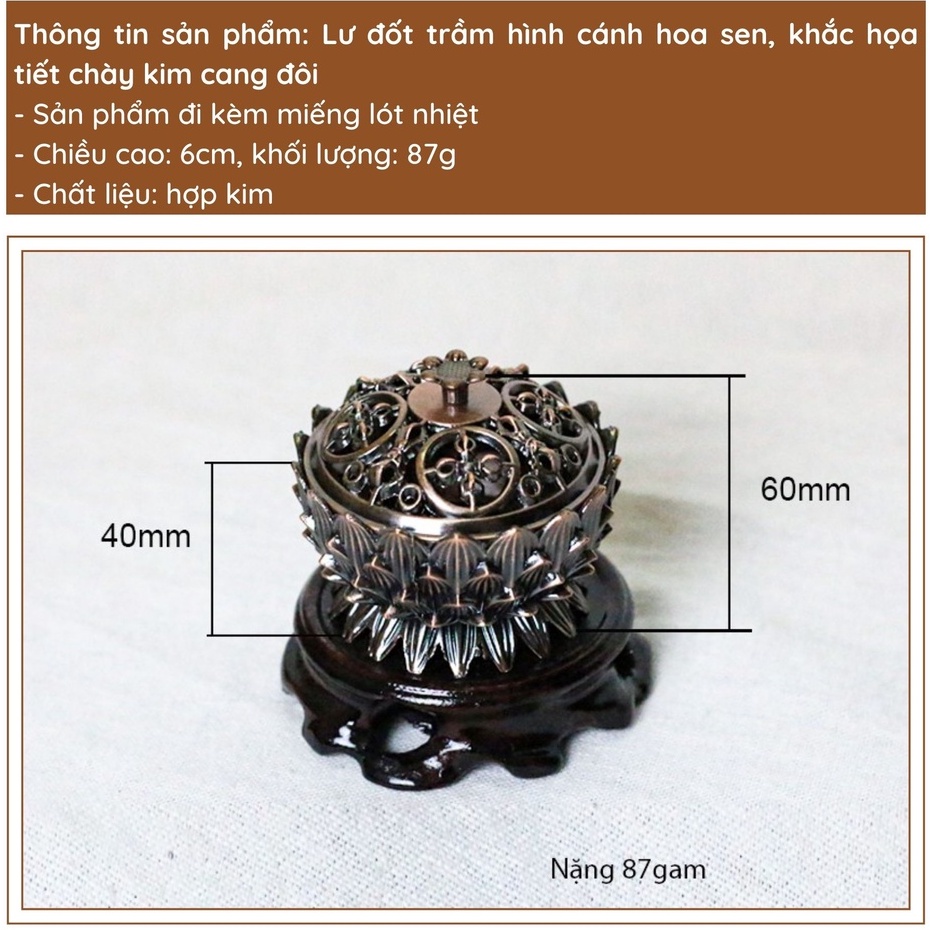 Lư xông trầm hương - Lư đốt trầm hình cánh hoa sen, khắc họa tiết chày kim cang đôi - Trong Nhà