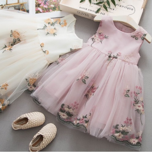 Đầm Công Chúa Không Tay Màu Trơn Họa Tiết Hoa Xinh Xắn Cho Bé Gái