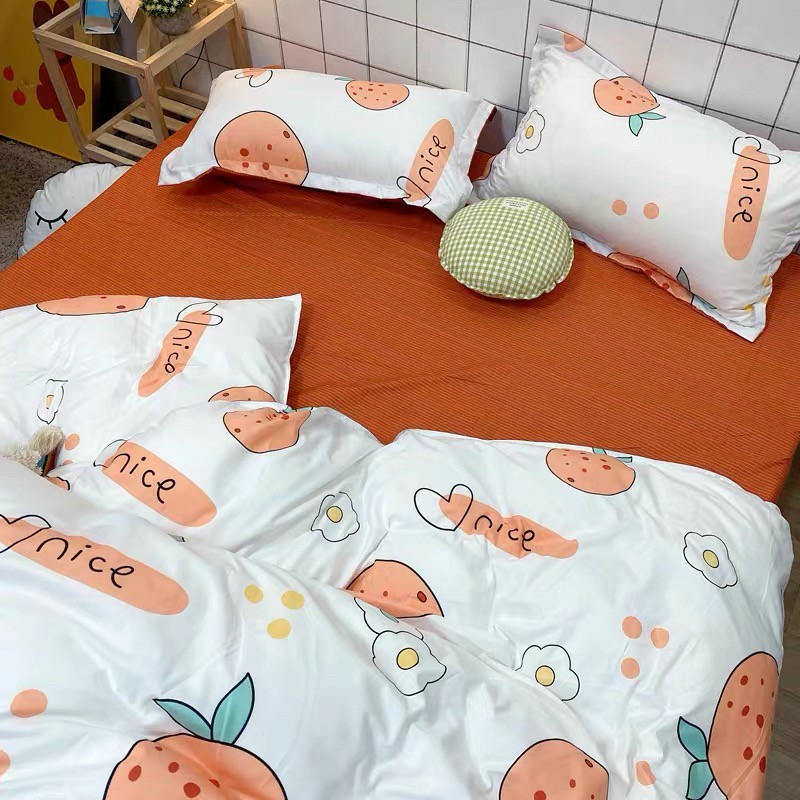 Set 4 Món Chăn ga gối chất liệu Poly Cotton hàng nhập khẩu - Mẫu CAM NỀN TRẮNG