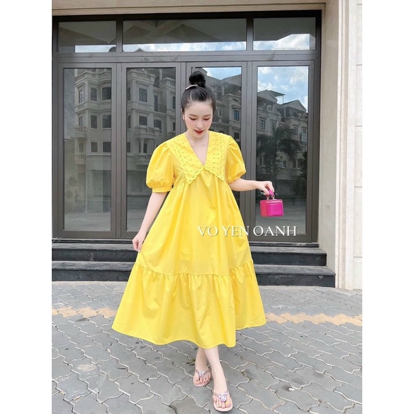 Đầm suông kate tay phồng có cổ / Vàng, hồng / Bầu bí có thể bon chen