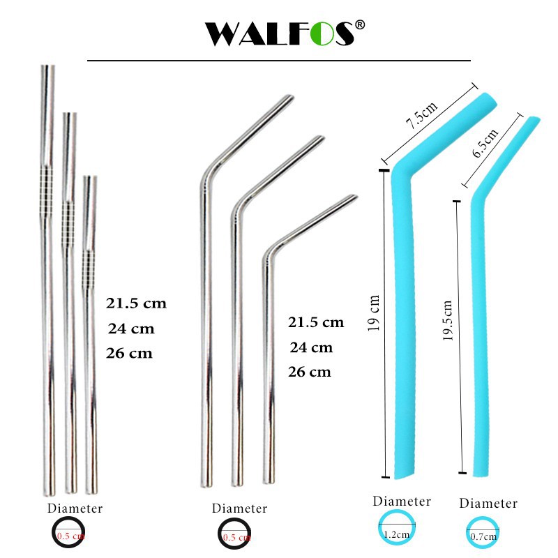 Bộ 2 ống hút silicone Walfos bằng thép không gỉ + cọ có thể tái sử dụng