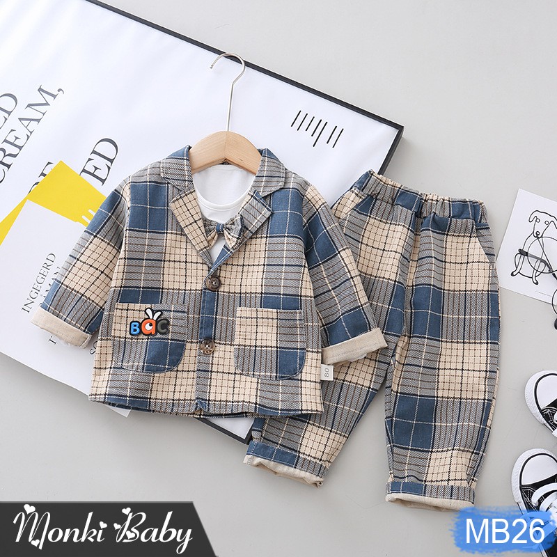 Bộ vest 3 chi tiết bé trai thời trang, chất thô dày dặn, phom dáng đẹp, kèm nơ xinh xắn, diện sinh nhật, sự kiện | MB26