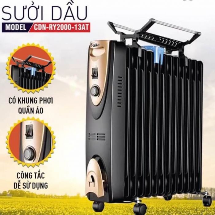 [Mã ELHA22 giảm 5% đơn 300K] (Bảo Hành 12 Tháng Toàn Quốc)Máy Sưởi Dầu 13 Thanh Saiko CDN-RY2000-13AT (Có Giá Phơi Đồ)