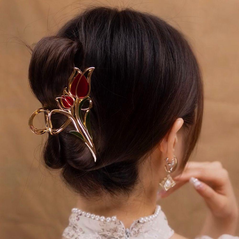 Kẹp Tóc Kim Loại Hình Hoa Tulip / Cá Mập Phong Cách Vintage Ngọt Ngào WMES15H Cho Nữ
