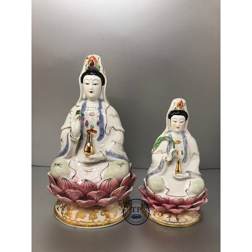 TƯỢNG THỜ PHẬT QUAN ÂM BỒ TÁT NGỒI ĐÀI SEN BẰNG SỨ TRẮNG PHỦ BÓNG KH18172- Đồ thờ Tịnh Phương