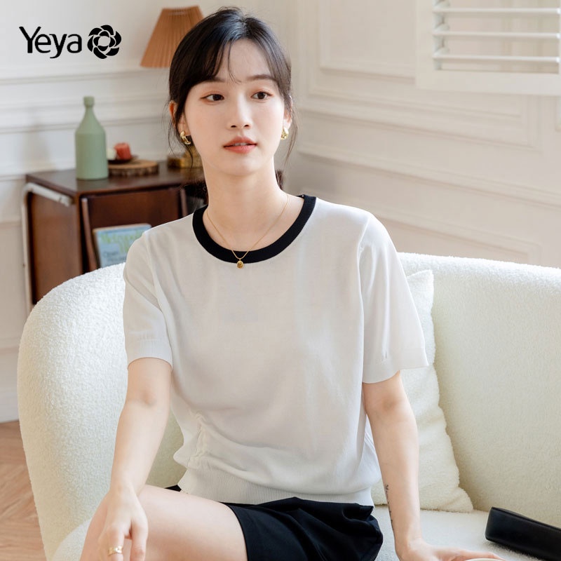 Áo thun YEYA tay ngắn cổ tròn vải lụa lạnh mỏng màu trơn phối dây rút cá tính cho nữ