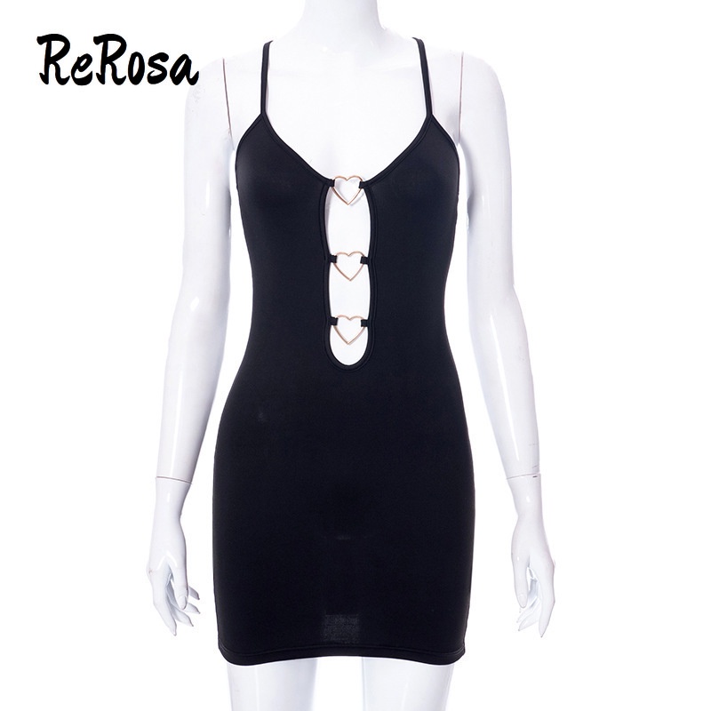 Rerosa Đầm Ôm Hông Hai Dây Quấn Hông Màu Trơn Khoét Trái Tim Cho Nữ