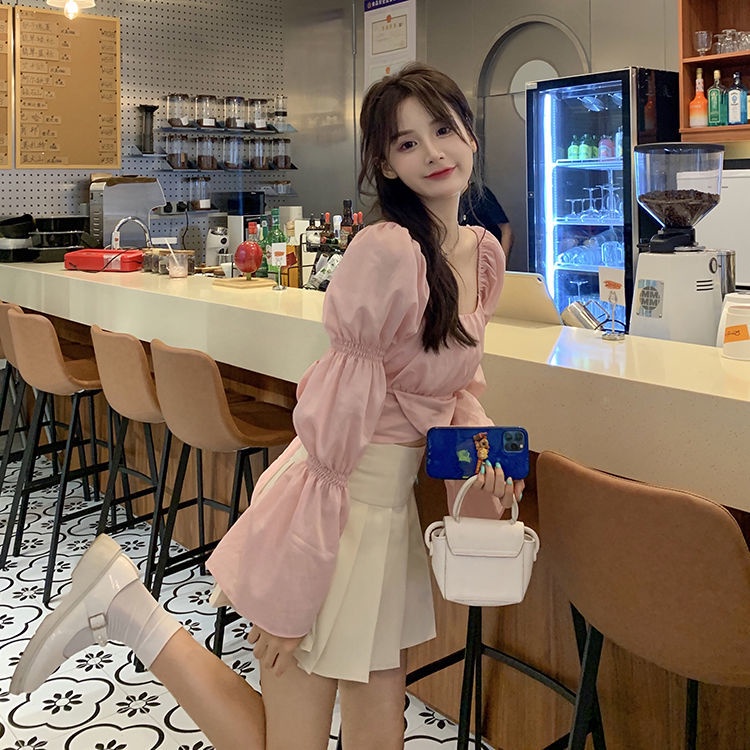 COZOK Set Áo Kiểu Tay Phồng Thắt Nơ Phối Chân Váy Xếp Ly Thời Trang Trẻ Trung Cho Nữ