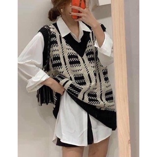 Set gile len kẻ sọc + áo sơ mi nữ freesize
