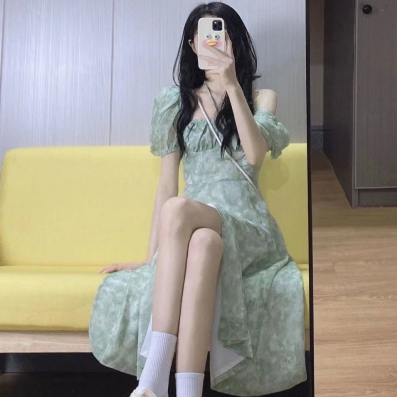 đầm hoa Tay Phồng Dáng Dài Màu Xanh Lá Nhạt Phong Cách Preppy Cổ Điển Thời Trang Cho Nữ áo hở vai