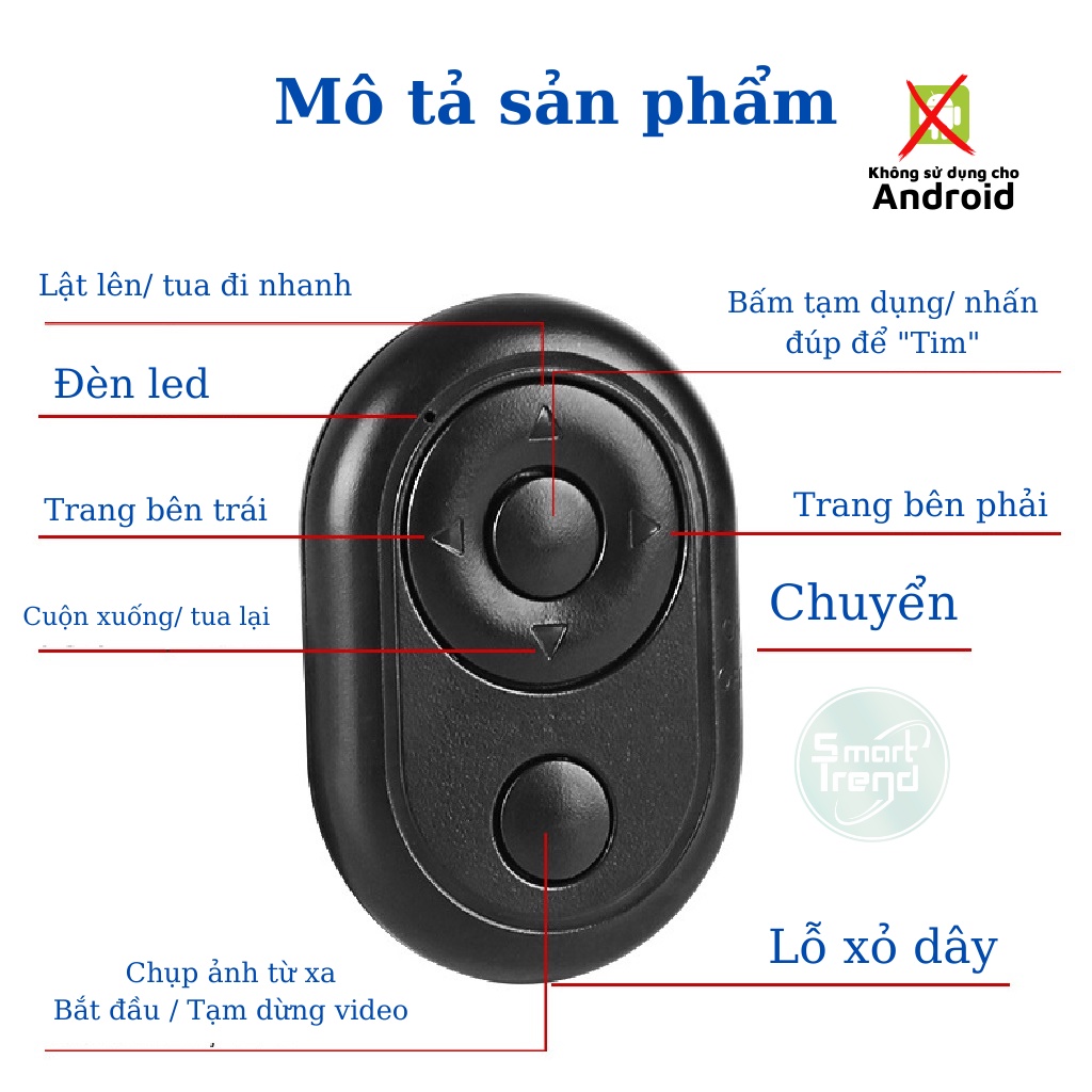 Nút remote shutter điều khiển điện tử từ xa, nút bấm chụp ảnh, lướt web bluetooth cho điện thoại màu đen