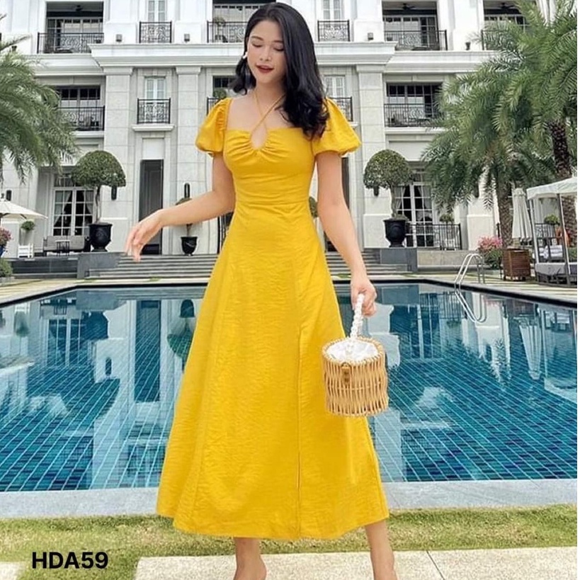 Đầm midi xẻ tà tay phồng khoét ngực rút dây
