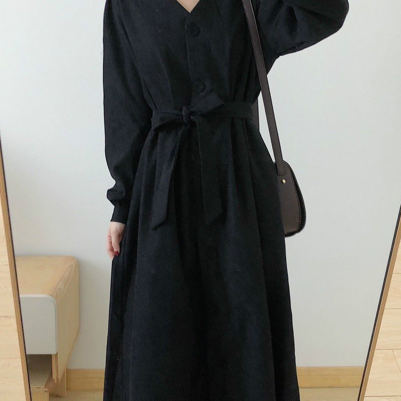 Đầm Nhung Dáng Chữ A Cổ Chữ V Màu Đen Phong Cách Retro | BigBuy360 - bigbuy360.vn