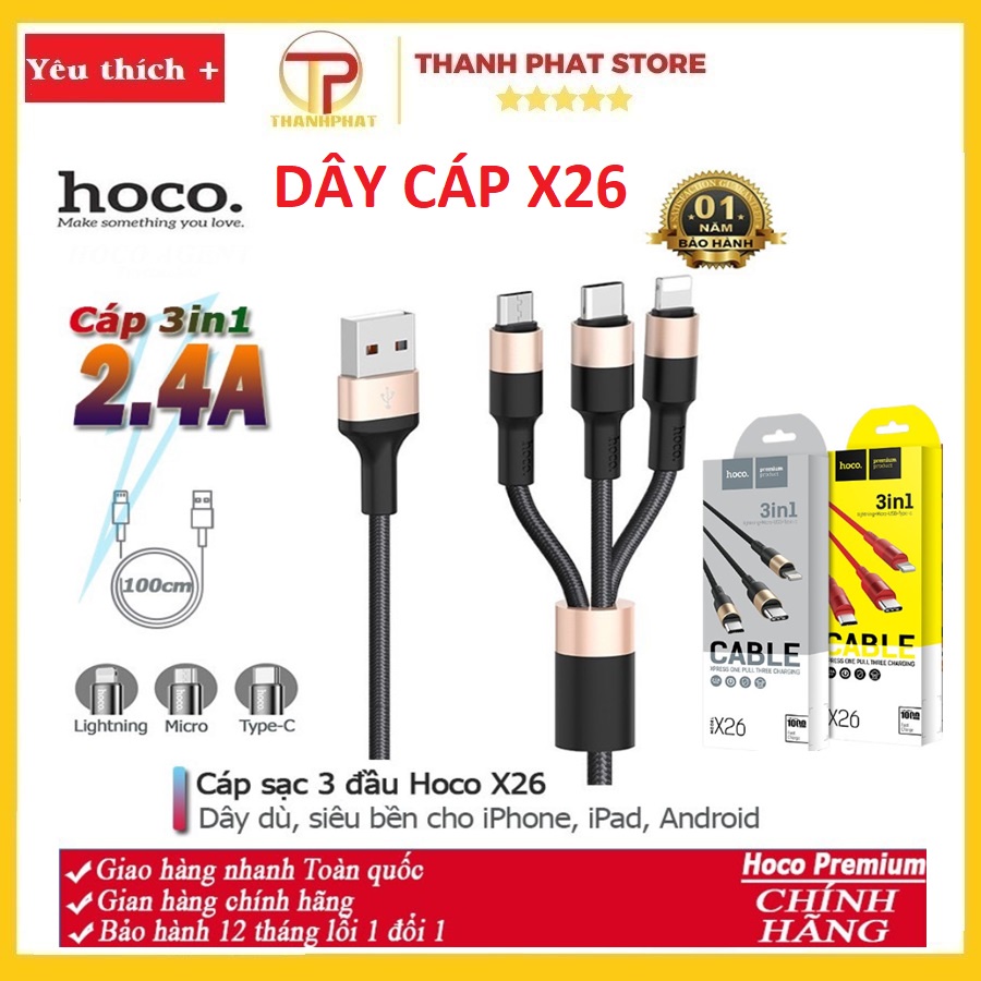 Dây cáp sạc HC X26 cho điện thoại, cáp sạc cao cấp 3 đầu Cường lực Ốp phụ kiện điện thoại THANH PHAT STORE