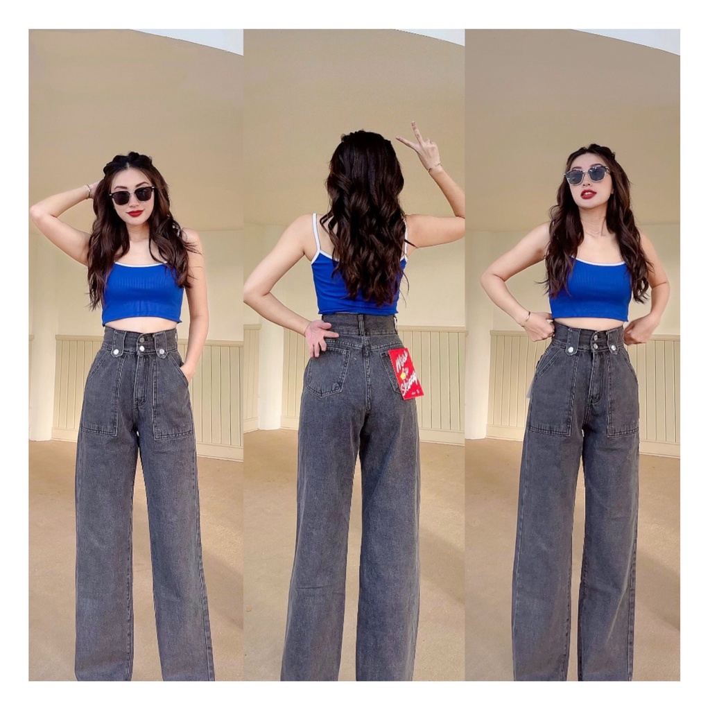 Quần Jean Ống Rộng Dài Nữ Lưng Cao Dáng Suông 2 Nút Bên Cao Cấp Cực Hot OHS3905