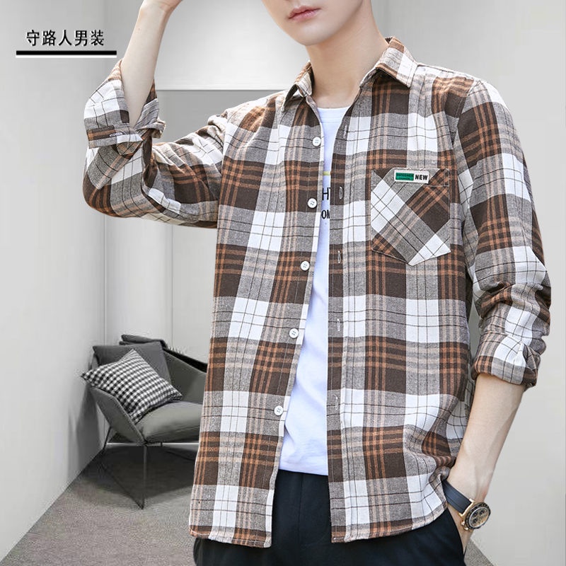 Áo Sơ Mi Dài Tay Dáng Rộng Hoa Văn Kẻ Ô Phong Cách Hàn Quốc Dành Cho Nam