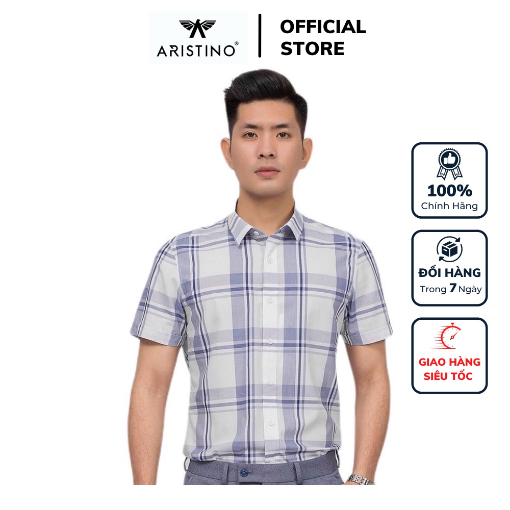 Áo sơ mi nam công sở Aristino tay ngắn màu trắng caro xanh dáng Slim fit chất sợi sồi cao cấp ASS022S9