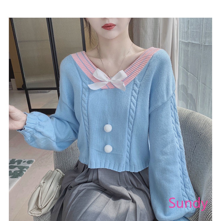 Áo Sweater Dáng Rộng Cổ Chữ V Phối Nơ Xinh Xắn Theo Phong Cách Mùa Thu