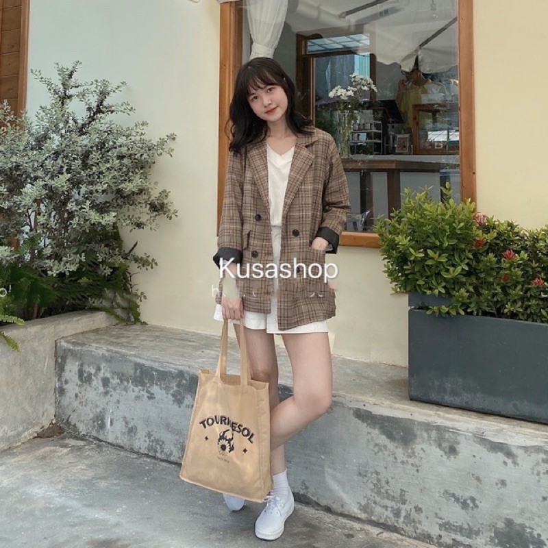 ÁO BLAZER 2 LỚP KẺ NÂU (hình thật/sẵn)