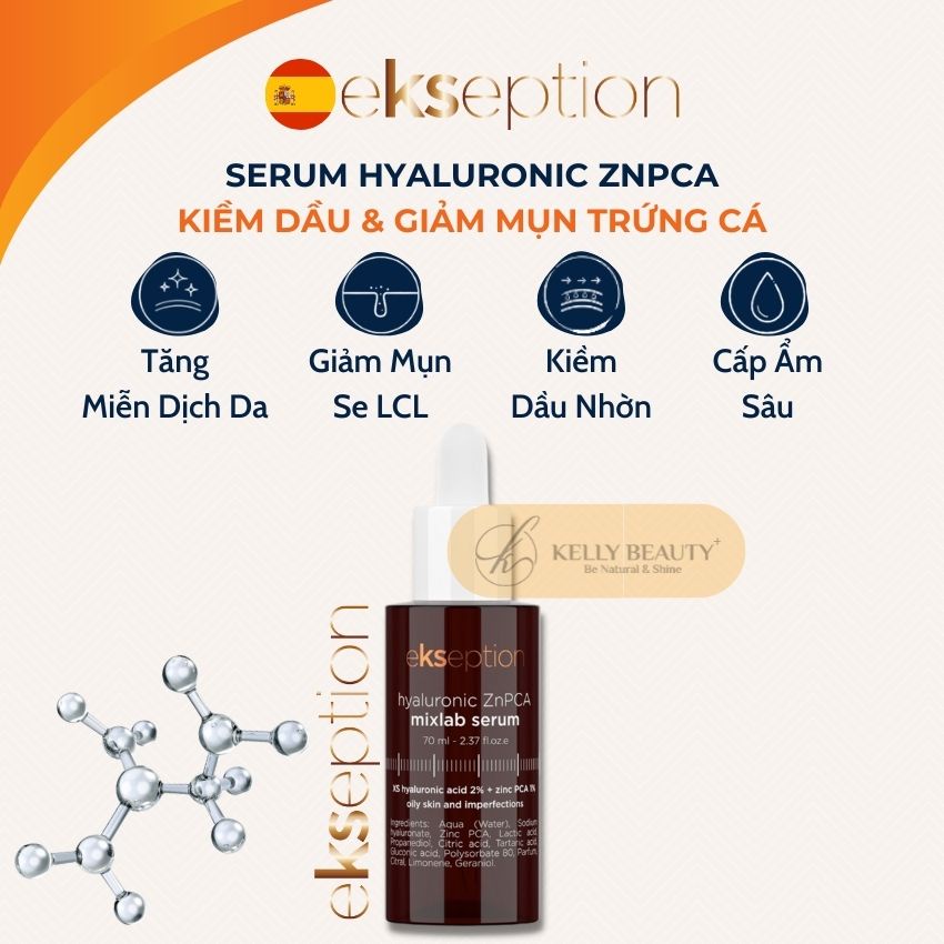 Serum Ekseption Hyaluronic ZnPCA - Kiềm Dầu Tốt, Ngừa Mụn Trứng Cá, Rosacea; Tăng Đề Kháng, Phục Hồi Da | Kelly Beauty