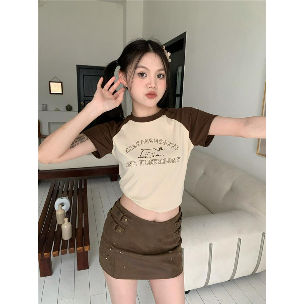 Áo Thun Ngắn Tay Ôm Dáng Màu Sắc Tương Phản Phong Cách Retro 61029