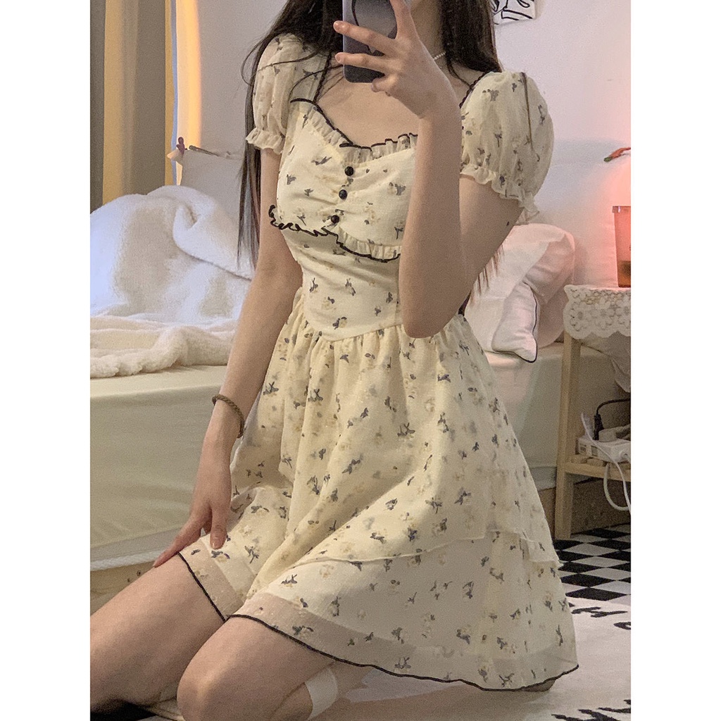 Đầm Hoa Ngắn Tay Thiết Kế Mới Thời Trang Mùa Hè Theo Phong Cách Pháp