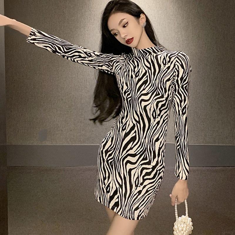 Đầm tay dài cổ lọ họa tiết ngựa vằn gợi cảm cho nữ