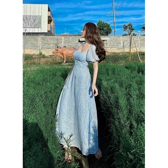 ĐẦM MIDI XANH REN BI CUTOUT KHOEN LƯNG