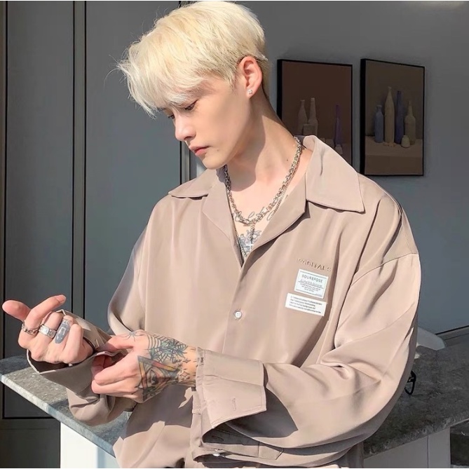 Áo Sơ Mi Nam Tay Dài Phong Cách Thời Trang Hàn Quốc Cổ áo gấp nếp Kết cấu lụa Unisex Thường xuyên trên cùng