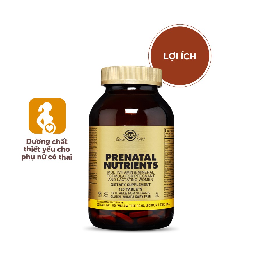 Viên Uống Solgar Prenatal Nutrients Vitamin Tổng Hợp - Bổ Sung Dinh Dưỡng Cho Phụ Nữ Mang Thai Và Sau Sinh [Lọ 120 Viên]