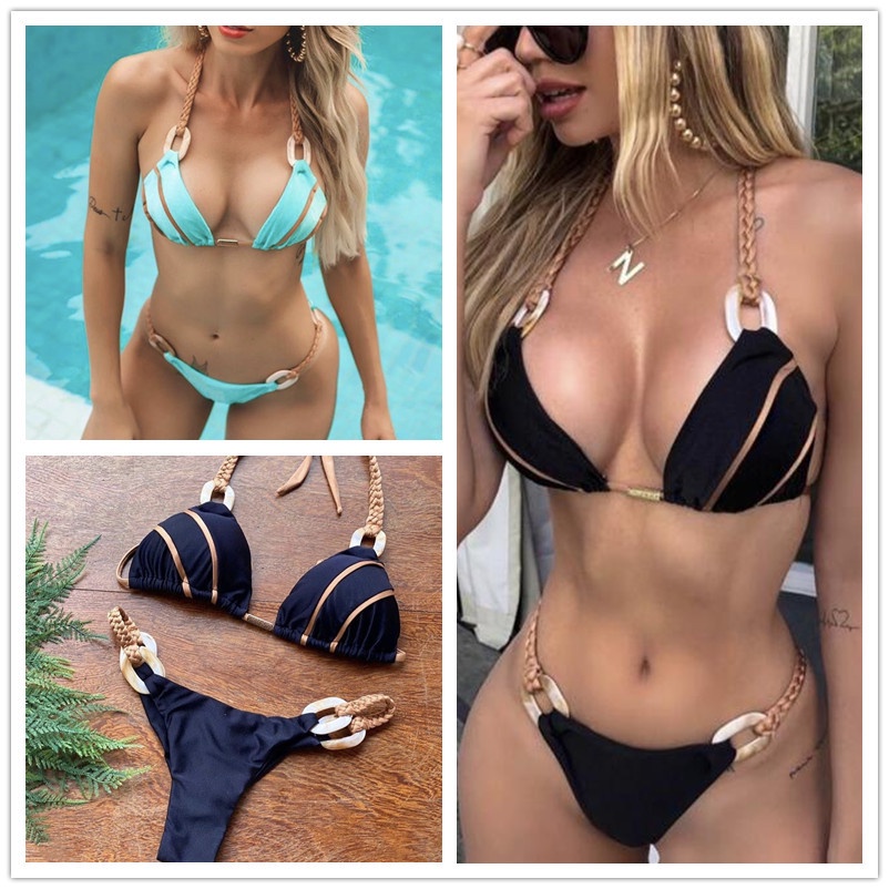 Bộ Đồ Bơi Bikini Cứng Màu Trơn Có Dây Buộc Gợi Cảm Cho Nữ