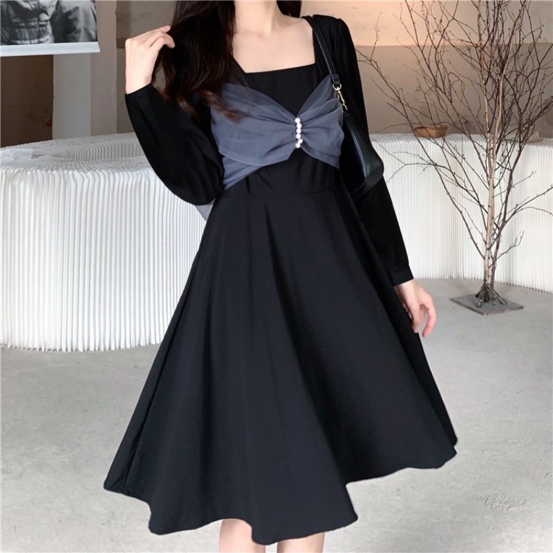 Đầm Midi đen phối lưới phong cách Hàn Quốc thanh lịch