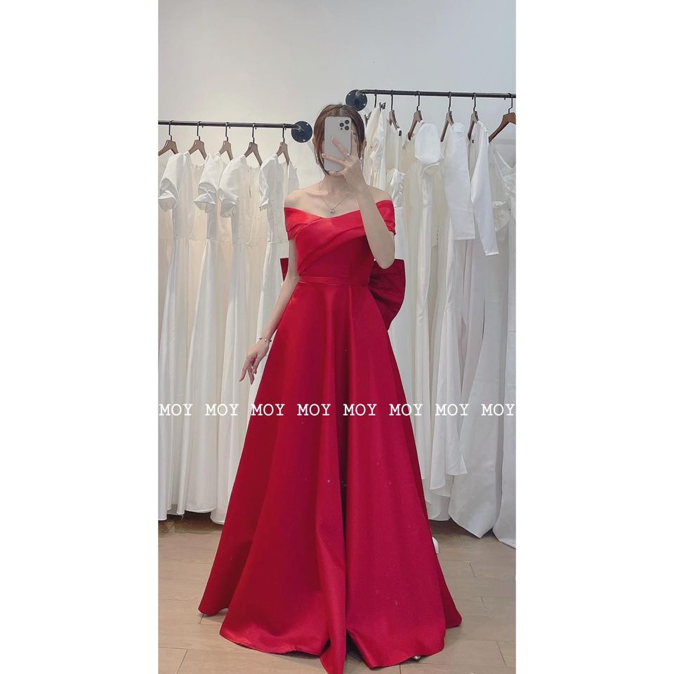 Váy bệt vai voan xòe phi nơ đan lưng - Váy đi bàn đơn giản-H318