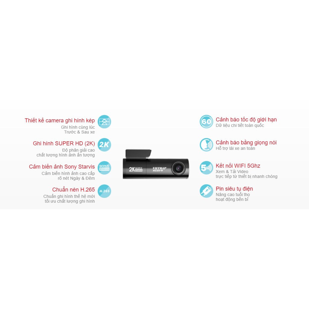 Camera hành trình Vietmap KC01 Pro Cảnh báo giao thông bằng giọng nói tiếng việt, ghi hình trước sau 2k