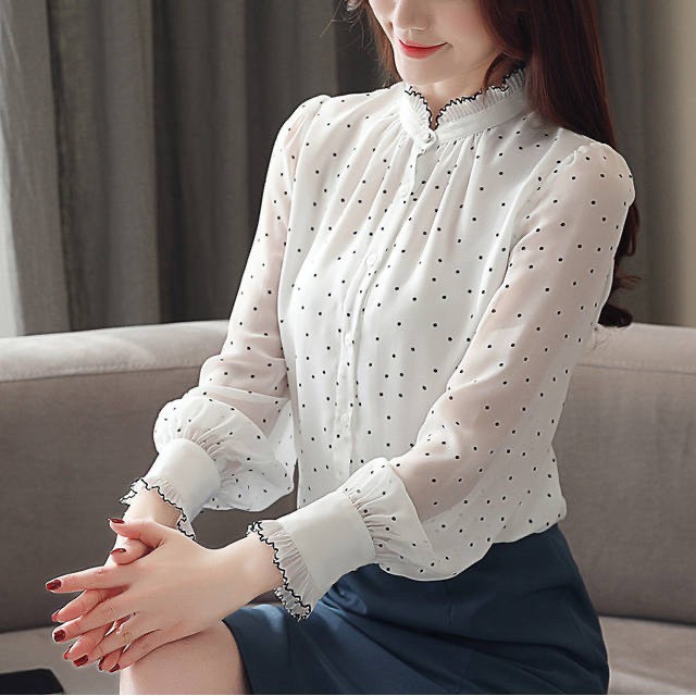 Áo sơ mi nữ công sở thiết kế dài tay chấm bi nhẹ nhàng, chuẩn hàn, chất mềm mát có size to bigsize | BigBuy360 - bigbuy360.vn