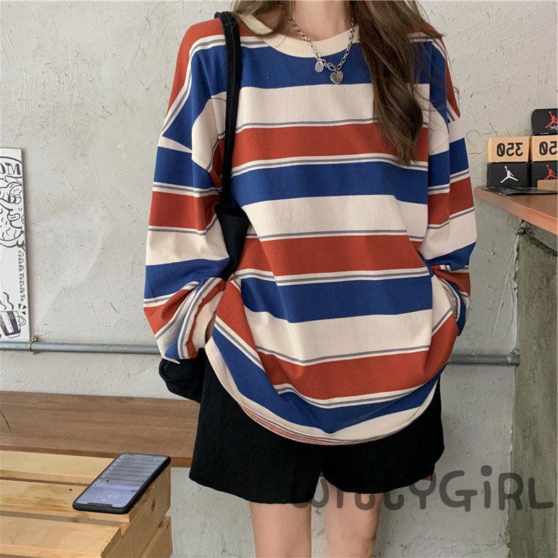 Áo thun tay dài cổ tròn kẻ sọc thời trang cho nữ