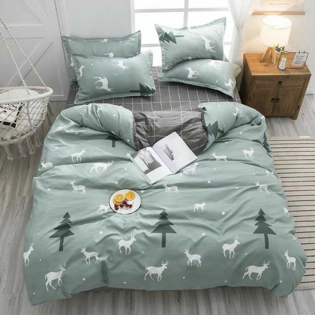 Chăn ga gối Emmibedding chất liệu cotton poly họa tiết hươu xanh ngọc đáng yêu đủ size miễn phí bo chun