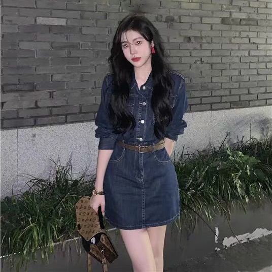 Đầm denim Tay Dài Eo Cao Phong Cách Pháp Mới Mùa Thu Đông Dành Cho Nữ 2021