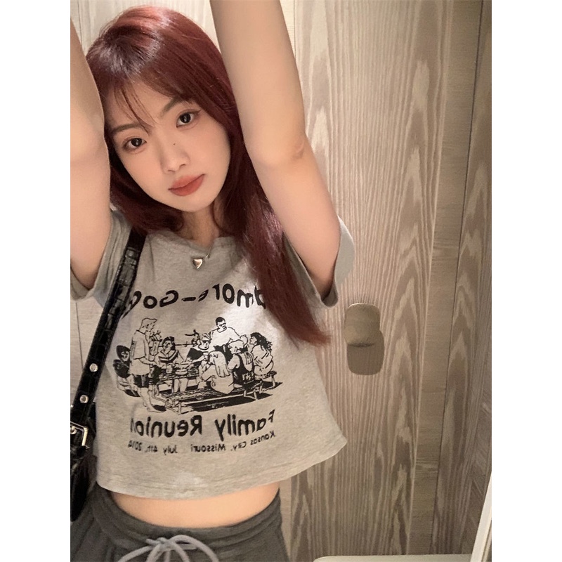 Áo Thun Tay Ngắn Hở Vai Mùa Hè Chính Hãng In Họa Tiết Bằng Lụa Băng Phong Cách Mỹ Cổ Điển Hàng Mới Dành Cho Bạn Nữ