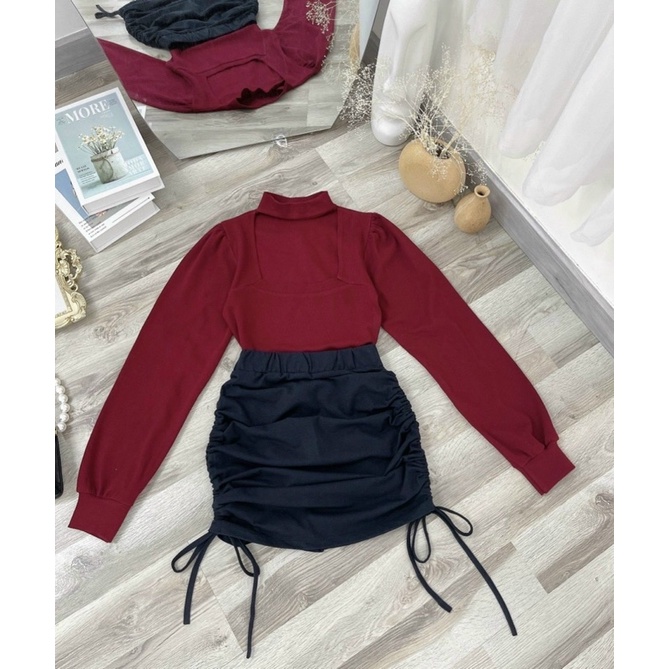 SÉT ÁO CHOKER ĐỎ CVAY RÚT ĐÙI.