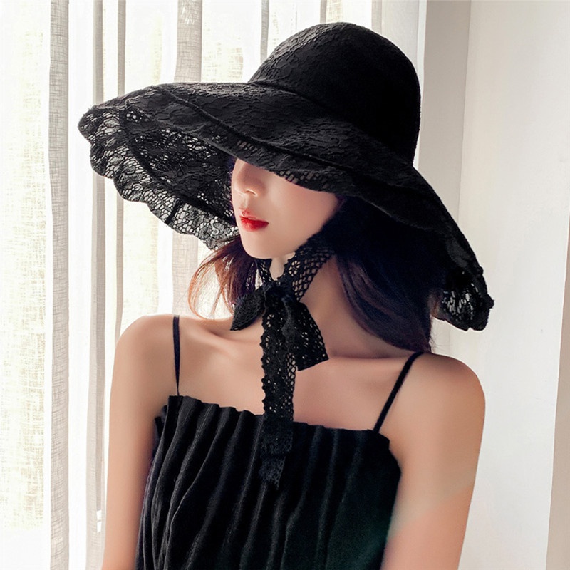 Mũ tai bèo vành rộng phối ren hoa thời trang đi biển mùa hè cho nữ