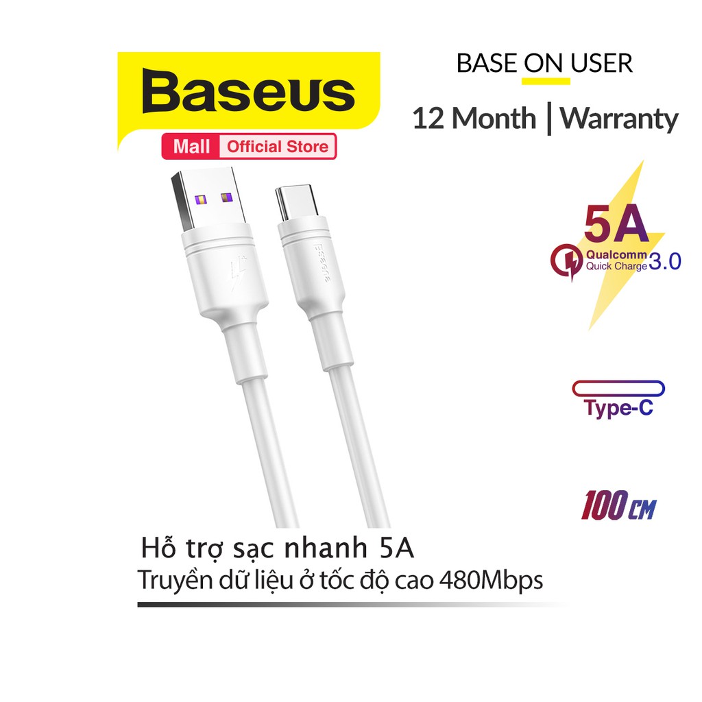 Cáp sạc Baseus Double Ring Usb to Type-C, hỗ trợ sạc nhanh 5A và truyền dữ liệu tốc độ cao 480Mbps dài 50/100/200cm