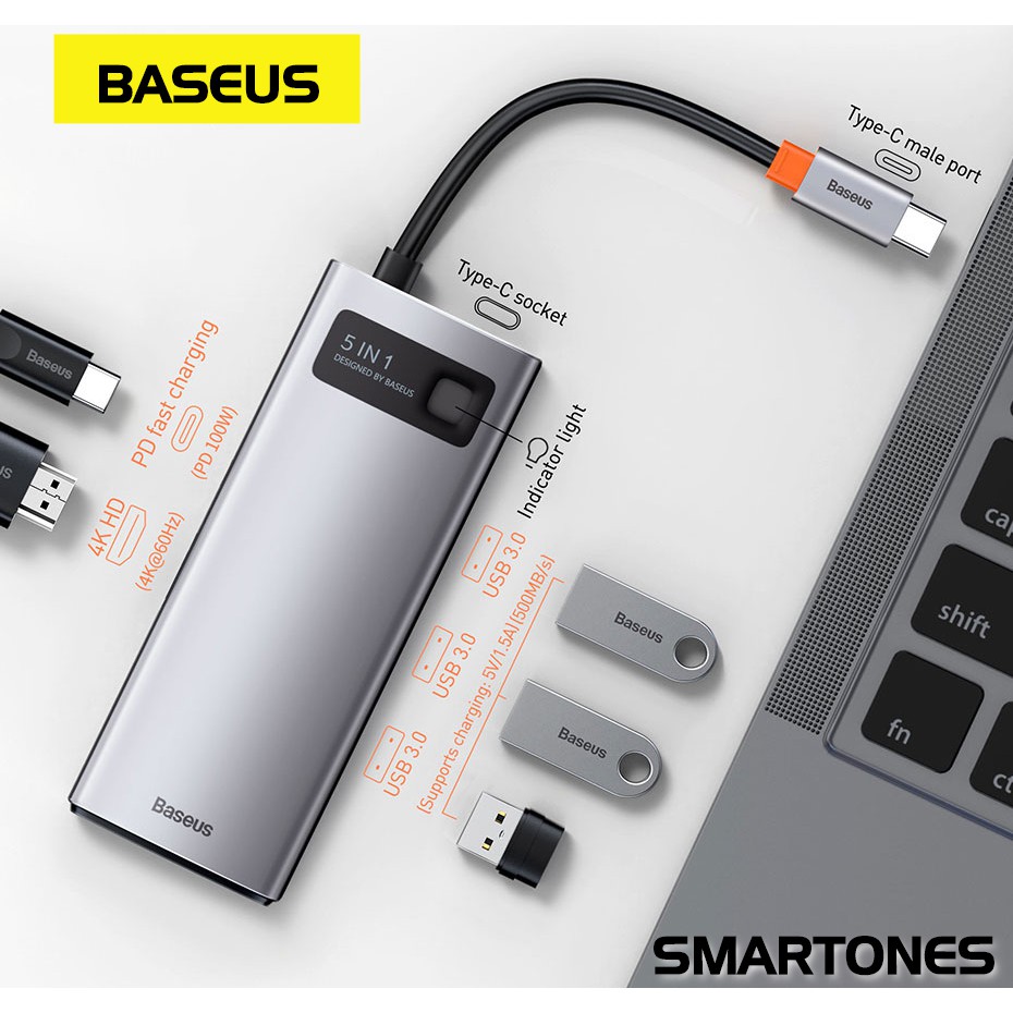 Bộ USB Hub type C Baseus Gleam 5 in 1 mở rộng USB 3.0, HDMI 4K cho laptop, và điện thoại