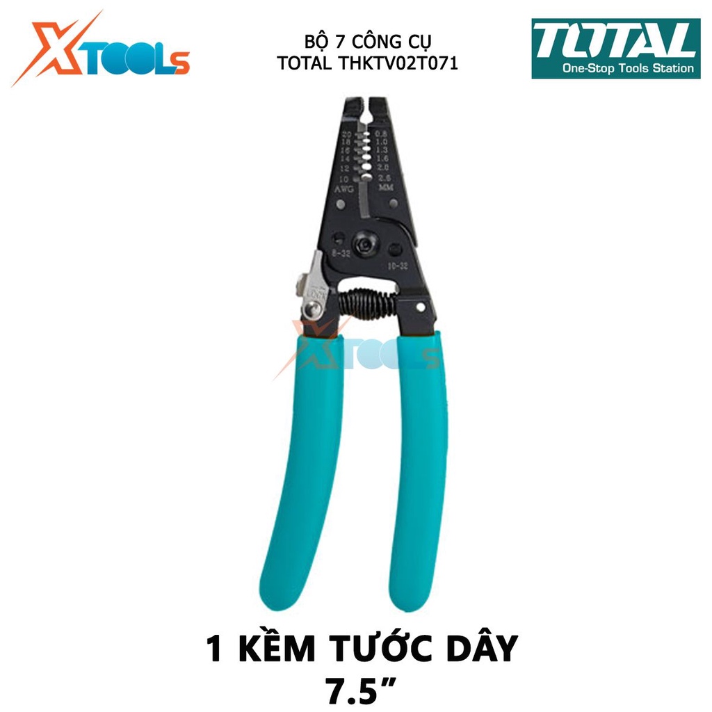 Bộ 7 công cụ viễn thông TOTAL THKTV02T071 Bộ 7 công cụ viễn thông gồm 1 Đồng hồ vạn năng kỹ thuật số, 1 kềm đo kỹ thuật