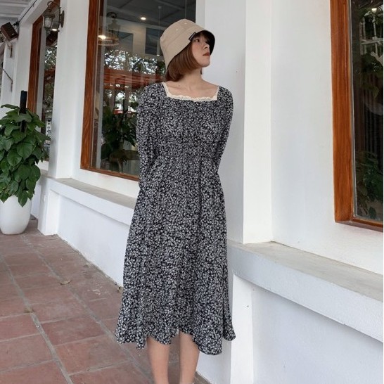váy hoa nhí cổ vuông viền ren chun ngực eo Ulzzang style 🌸 VKE 9152-2 -3 Hàng Quảng Châu | BigBuy360 - bigbuy360.vn