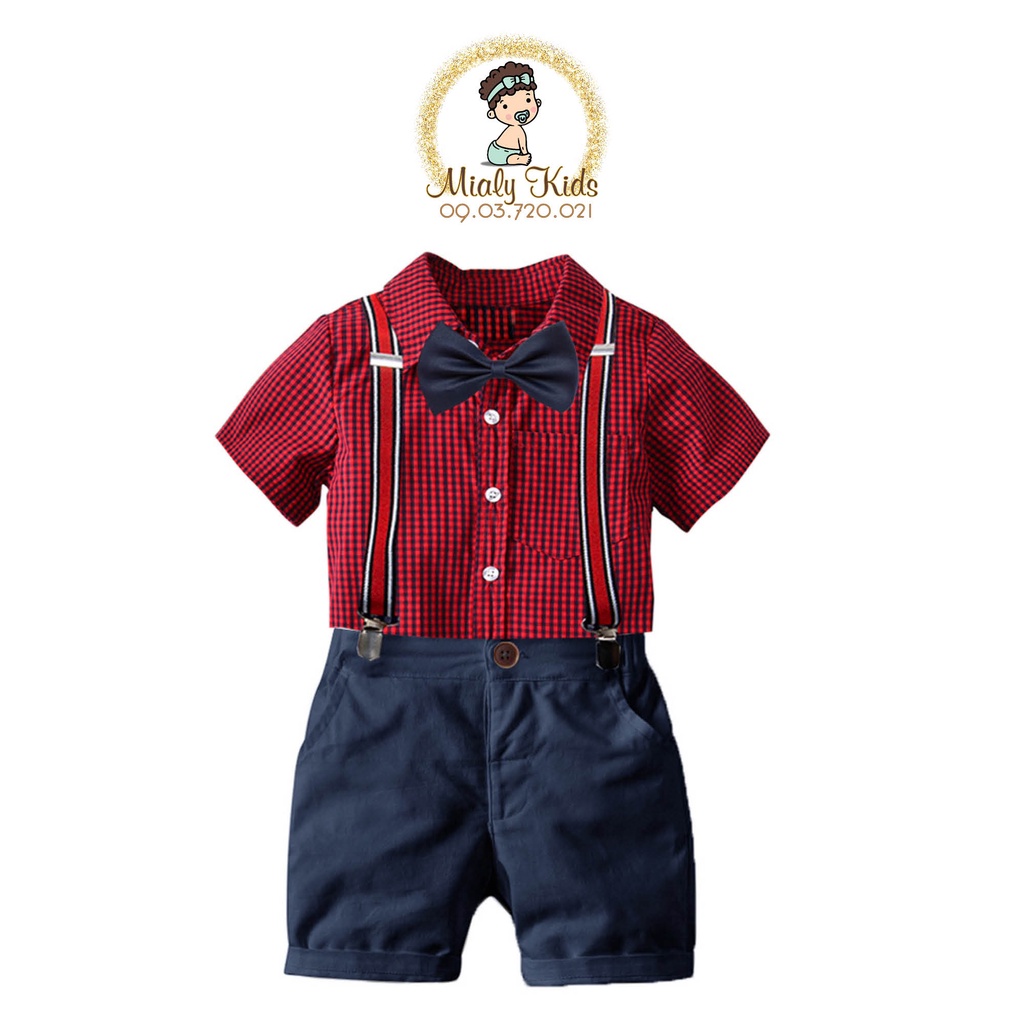 Set yếm sơ mi đỏ Mialy Kids cho bé trai chụp ảnh, mặc thôi nôi (11-23Kg) - Họa tiết caro đỏ đen cool ngầu