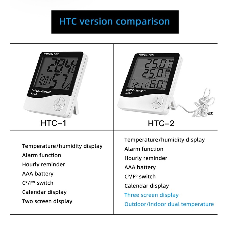 Nhiệt ẩm kế điện tử HTC-2 màn hình LCD, đồng hồ đo độ ẩm phòng, có đầu dò nhiệt độ ngoài trời